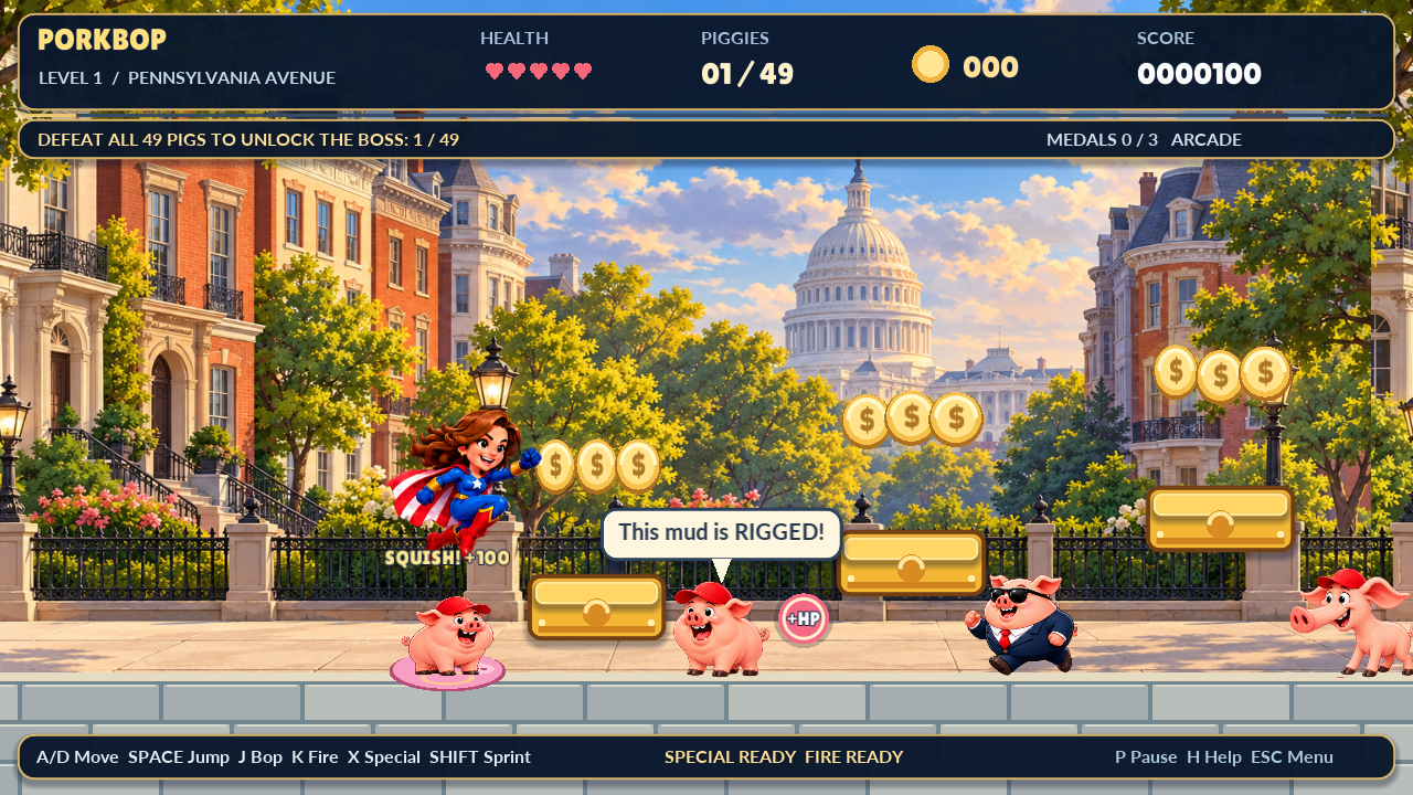 Actual PORKBOP Level 1 gameplay: the heroine bouncing after a stomp, a pink pancake, SQUISH +100, coins and gold platforms