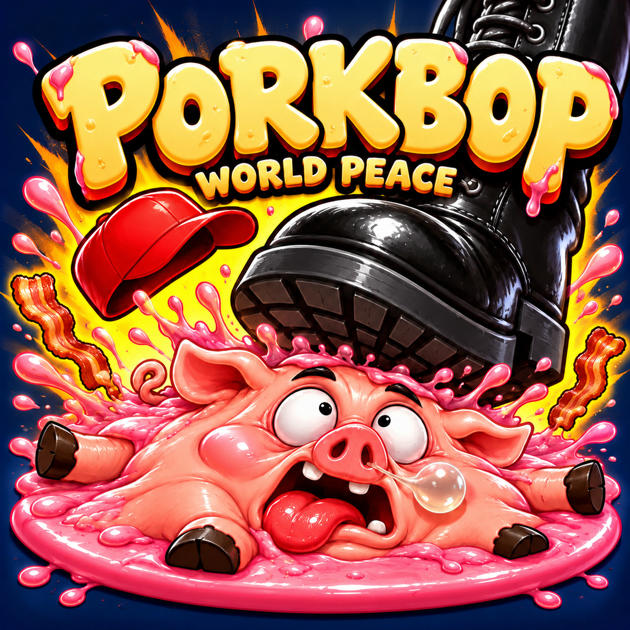 A black boot smushes a shocked Red Hat Pig into a ridiculous pink pancake beneath the PORKBOP: WORLD PEACE title